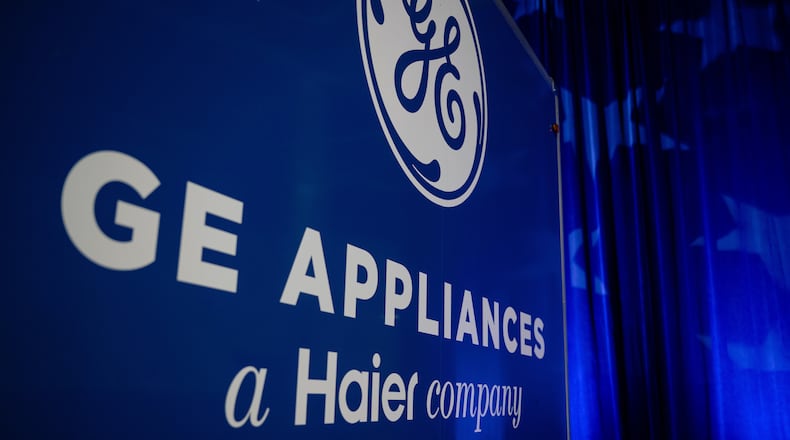 FILE - A trailer with the GE logo is seen at a stage area at GE Appliances global headquarters, Aug 13, 2025, in Louisville, Ky. (AP Photo/Jon Cherry, file)