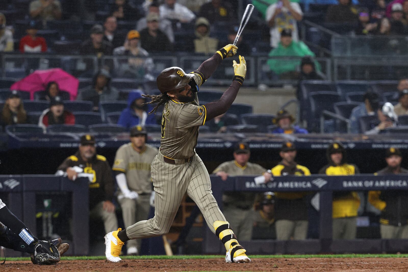 San Diego Padres' Fernando Tatis Jr. strikes out during the eighth inning of a baseball game against the New York Yankees Monday, May 5, 2025, in New York. (AP Photo/Pamela Smith)