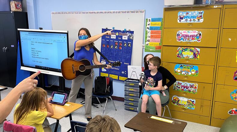 K-2 students at the Montgomery County Learning Center experience music twice a week at Learning Center West thanks to students from the University of Dayton’s Music Therapy program. UD students lead singing, rhythm activities and provide instruments for the children to experience. It is the second year of the program.