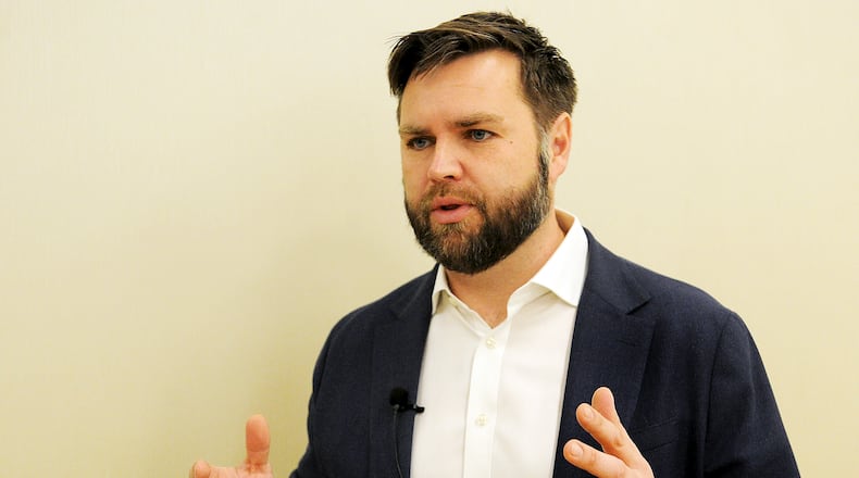 U.S. Sen. J.D. Vance, who at the time of this photo was a candidate running for senate, addressed the Dayton chamber forum Monday Oct. 31, 2022 at the CareSource, Pamela Morris Center. MARSHALL GORBY\STAFF