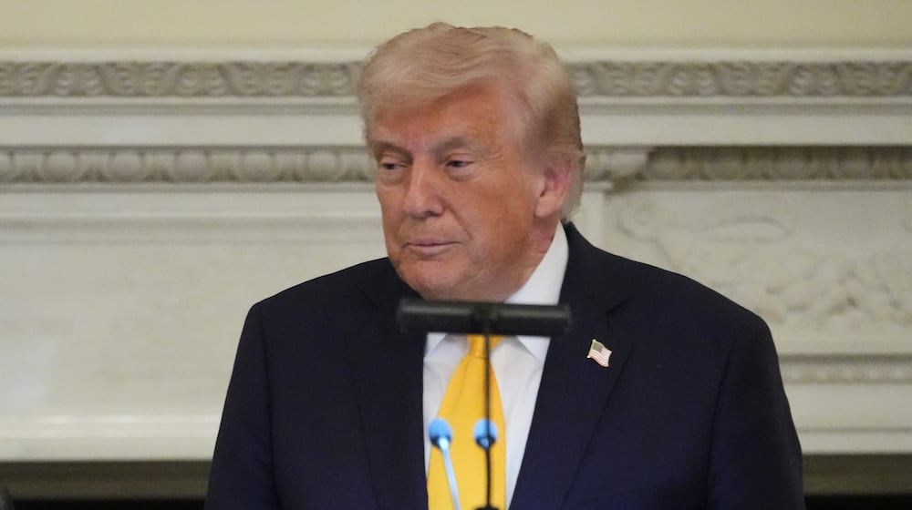 President Donald Trump speaks at a dinner with Japan's Prime Minister Sanae Takaichi in the State Dining Room of the White House, Thursday, March 19, 2026, in Washington. (AP Photo/Julia Demaree Nikhinson)