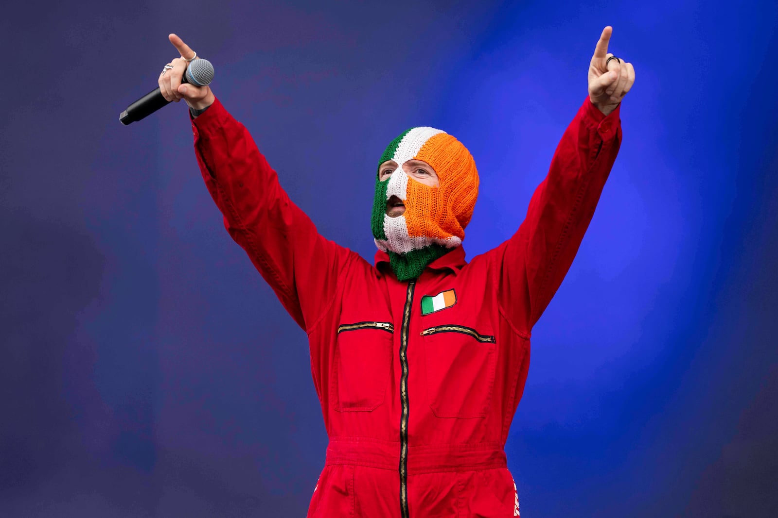 J. J. O Dochartaigh from the hip hop trio Kneecap in Finsbury Park on Saturday, July 5, 2025, in London. (Photo by Scott A Garfitt/Invision/AP)