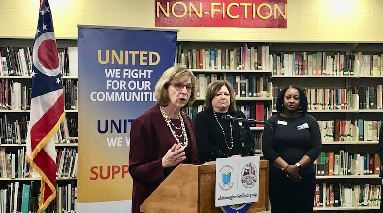 Ohio First Lady Fran DeWine announces an expansion of a state literacy program to include all of Butler County during her visit to Ross High School. DeWine says the joint program, done in conjunction with music and movie star Dolly Parton’s Imagination Library national reading program, will allow 25,000 youngsters in Butler County to start receiving free books to aid in their developing of reading skills. (Photo By Michael D. Clark/Journal-News)