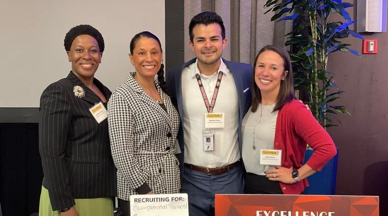 Attracting new teachers to local school systems – at least for some of area districts – has been a tough sell as schools continue to mirror America’s private industries’ struggles with finding new employees. Among local districts ramping up recruiting is Fairfield Schools. In April a team of Fairfield officials worked the Southwest Ohio Education Career Fair held at Xavier University.  Pictured from left to right are: Jennifer Moore, 1st grade teacher at West E;lementary (the 2021 Fairfield Teacher of the Year);  Denise Hayes, principal at North Elementary; Ricardo Calles, technology integration specialist; and Katie Myers, director of Human Resources. (Contributed Photo\Journal-News)
