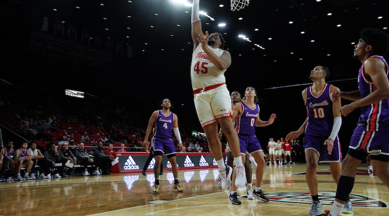 Miami's Anderson Mirambeaux scores against Evansville earlier this season. Shelby Wright/Miami Athletics