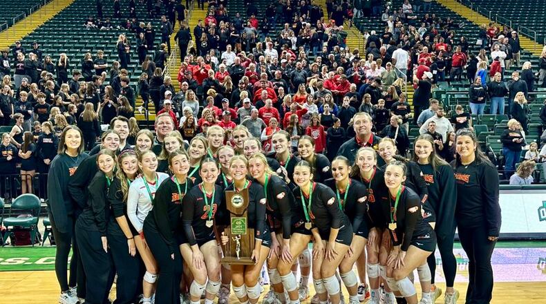 The Fenwick Falcons pose with the Division V state runner-up trophy on Friday at Wright State University's Nutter Center. Fenwick Athletics photo