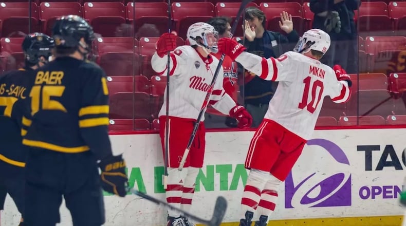 Miami celebrates a goal against Colorado College on Saturday at Goggin Ice Arena. LIV KAKABEEKE / CONTRIBUTED