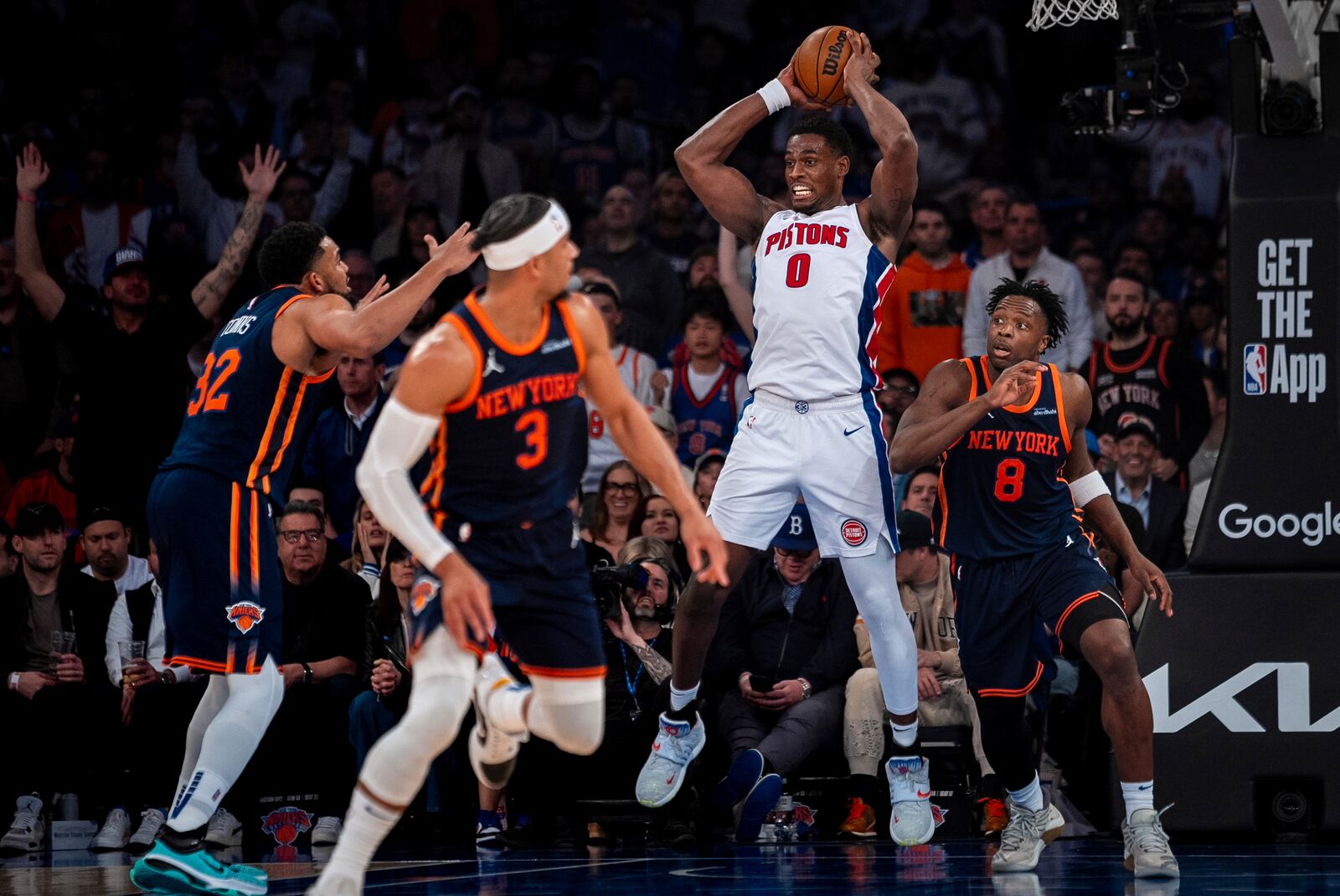 Detroit Pistons center Jalen Duren (0) catches a rebound during the second half of Game 2 of an NBA basketball first-round playoff series against the New York Knicks, Monday, April 21, 2025, in New York. (AP Photo/Angelina Katsanis)