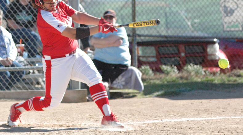 Fairfield’s Maddie Schaeffer takes a big swing April 9 during the Indians’ 2-1 nonconference softball loss at Harrison. RICK CASSANO/STAFF