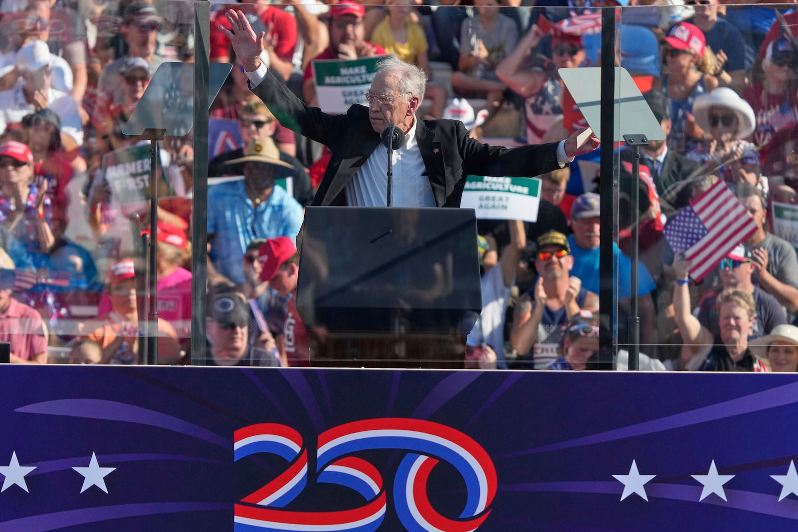 Sen. Chuck Grassley, R-Iowa, speaks before President Donald Trump arrives at a rally, Thursday, July 3, 2025, in Des Moines, Iowa. (AP Photo/Charlie Neibergall)