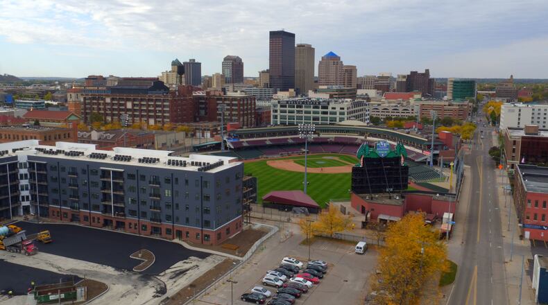 An aerial view of Day Air Ball Park, from the east along Monument Avenue. FILE