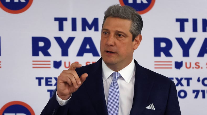 Rep. Tim Ryan, D-Ohio, running for an open U.S. Senate seat in Ohio, speaks to supporters after the polls closed on primary election day Tuesday, May 3, 2022, in Columbus, Ohio. (AP Photo/Jay LaPrete)