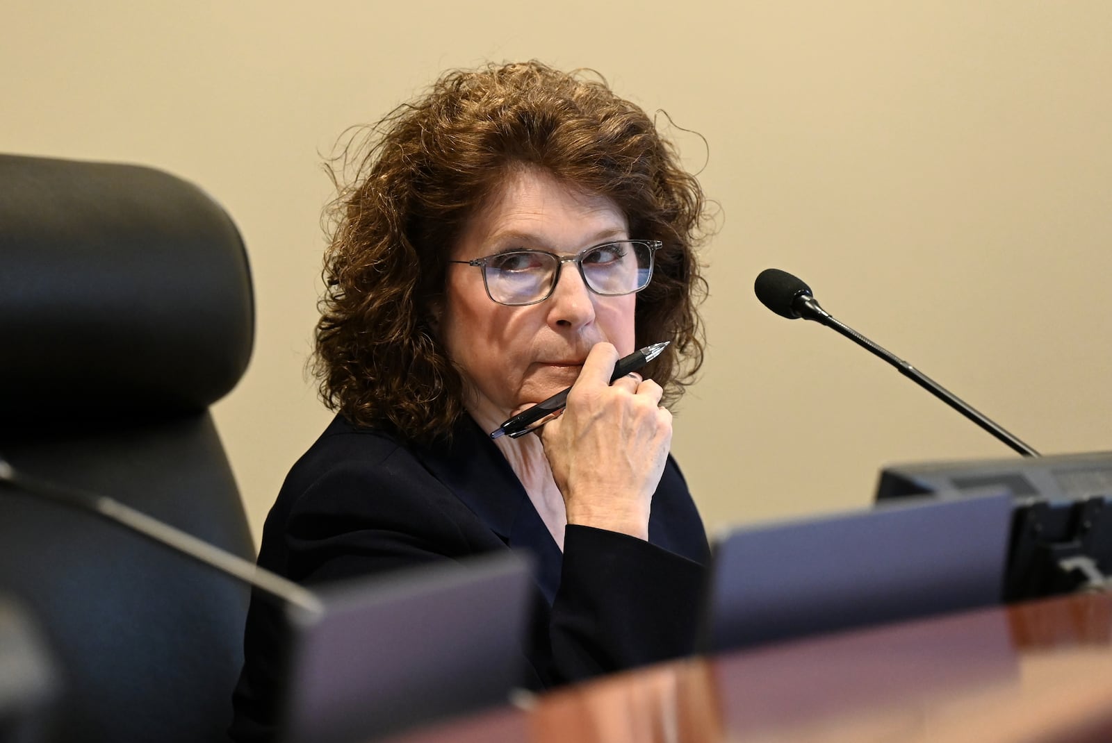 Butler County Commissioner Cindy Carpenter presented a plan to address homelessness in the county that would require buy-in from the her fellow commissioners and the city of Hamilton. Commissioners Don Dixon and T.C. Rogers are not expected to consider the plan, according to Dixon. Pictured is Carpenter at the Nov. 18, 2025, Butler County Commission meeting. MICHAEL D. PITMAN/STAFF