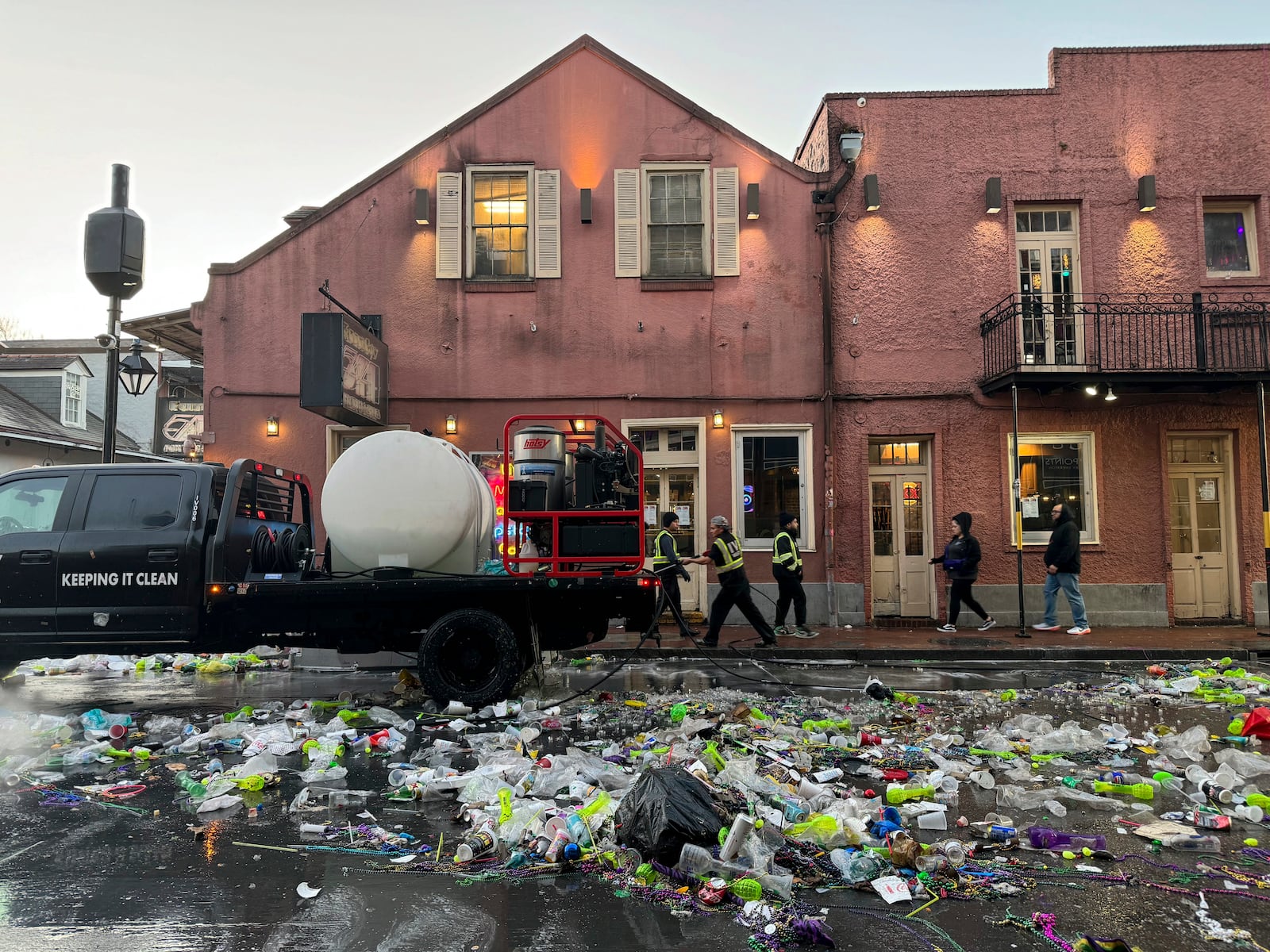 FILE - Waste from Mardi Gras awaiting collection in the French Quarter of New Orleans, on Ash Wednesday, March 5, 2025. (AP Photo/Jack Brook, File)