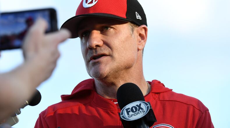 GOODYEAR, ARIZONA - MARCH 19: Manager David Bell #25 of the Cincinnati Reds talks with the media prior a spring training game against the Chicago White Sox at Goodyear Ballpark on March 19, 2019 in Goodyear, Arizona. (Photo by Norm Hall/Getty Images)
