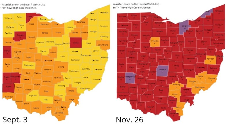 A comparison of Ohio's coronavirus advisory maps of Sept. 3, 2020 (left) and Nov. 26, 2020.
