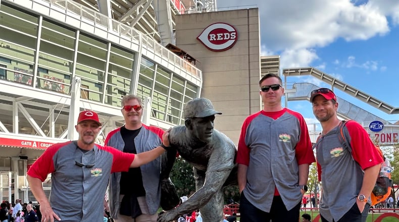The Miracle Walk started in 2021 with one Fairfield man, Ben Otto, wanting to raise money for the Nuxhall Foundation's Hope Center project. Now in its fifth year, nearly 20 people will be walking with Otto, Eric Judd, Jared Baker and Tyler Parker (who participated in at least one of the first three walks) on Sept. 24, 2025, from Joe Nuxhall Miracle League Fields in Fairfield to Great American Ball Park in downtown Cincinnati. Pictured are Ben Otto, Jared Baker, Tyler Parker, and Eric Judd, the first four Miracle Walkers at Great American Ball Park in 2023. PROVIDED