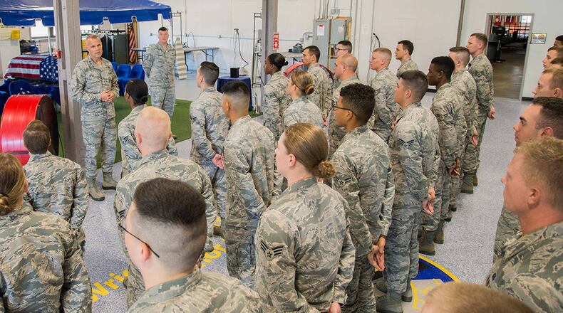 FILE: Maj. Gen. Bradley D. Spacy, Air Force Installation and Mission Support Center commander, speaks with Airmen of the Wright-Patterson Air Force Base Honor Guard in their training facility during a visit to the installation July 12, 2018. Spacy, a former commander of the U.S. Air Force Honor Guard, thanked the Airmen while reinforcing the importance of their mission of honoring service members who have passed. (U.S. Air Force photo/John Harrington)