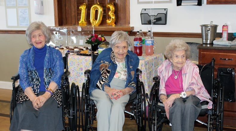 Carmella Just, Billie Engel and Ruby Jones were honored at a joint birthday party Tuesday at the Trustwell Living at Fairfield Place assisted living facility. Photo: Sue Kiesewetter/contributor