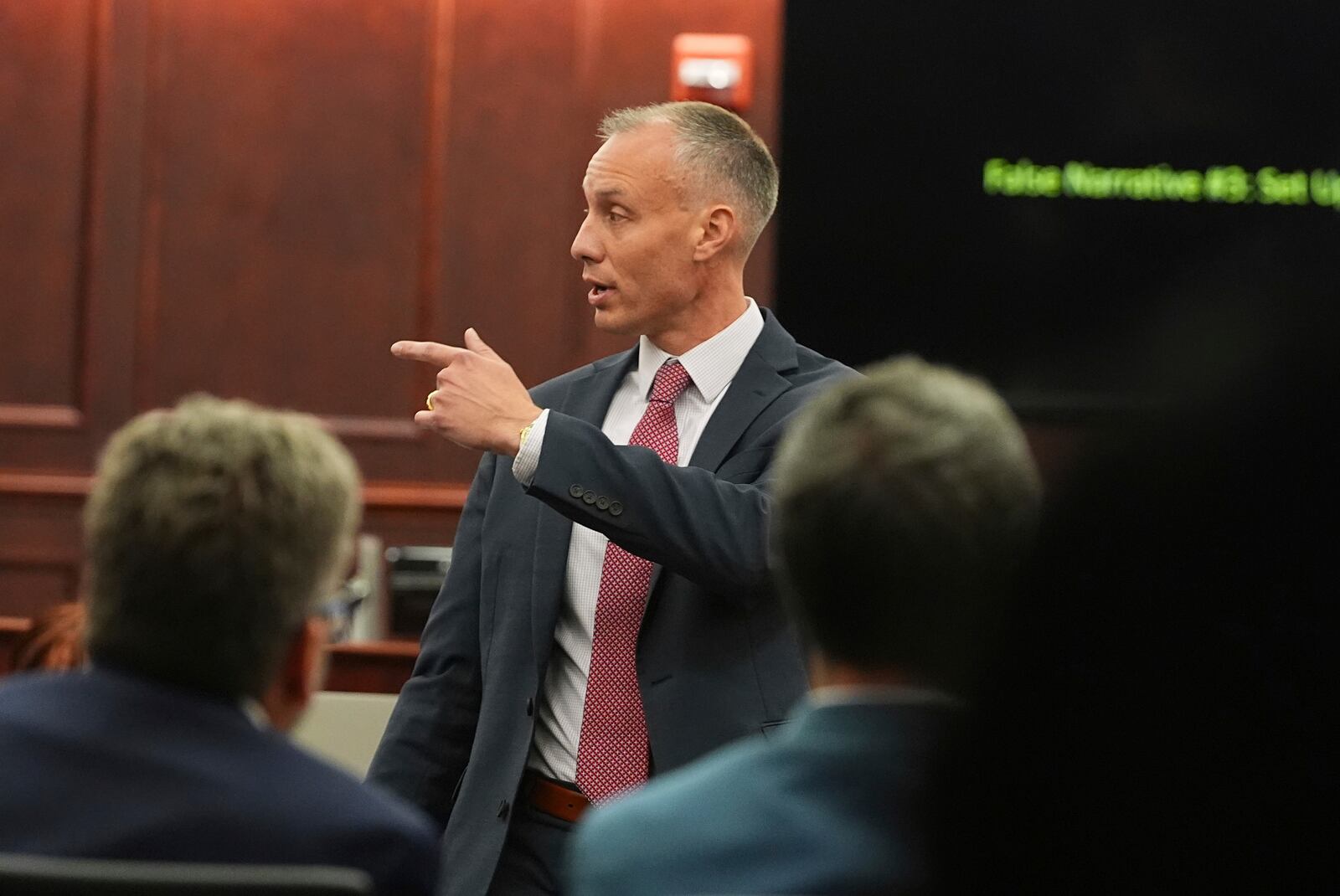 Prosecutor Michael Mauro makes a point during closing arguments in the murder trial of dentist James Craig, who is accused of killing his wife, in district court in Arapahoe County Tuesday, July 29, 2025, in Centennial, Colo. (AP Photo/David Zalubowski, Pool)