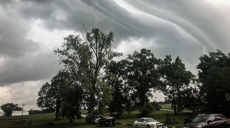 A strange cloud formation appears in the sky over Farmersville ahead of a storm system June 27, 2020. JIM NOELKER / STAFF