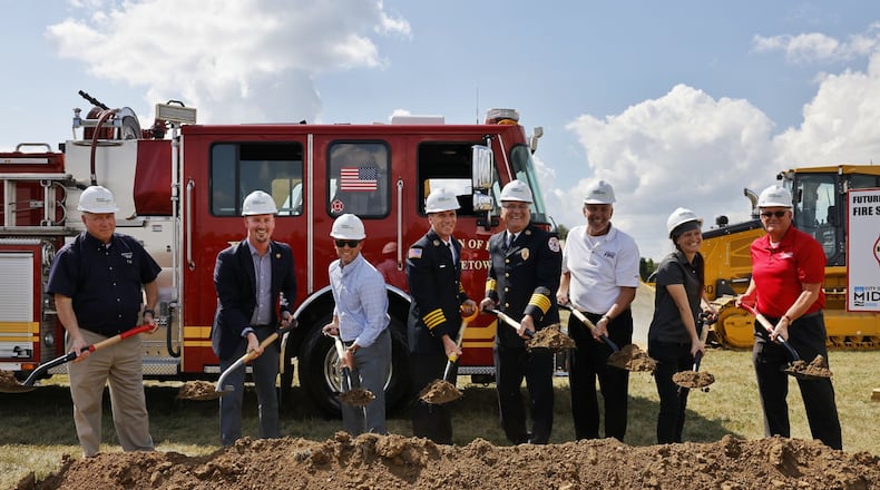 The city of Middletown held a ground-breaking ceremony Monday afternoon for the Middletown Division of Fire Headquarters at the corner of Yankee Road and Cherry Street. From left, City Manager Paul Lolli, State Rep. Thomas Hall (R-Madison Twp.), council member Tal Moon, assistant fire Chief Steve Ludwig, fire Chief Thomas Snively, former fire chief John Sauter, Mayor Nicole Condrey and Chamber President Rick Pearce. NICK GRAHAM/STAFF