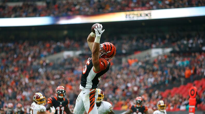 LONDON, ENGLAND - OCTOBER 30: Tyler Eifert #85 of the Cincinnati Bengals catches a touchdown pass during the NFL International Series game against the Washington Redskins at Wembley Stadium on October 30, 2016 in London, England. (Photo by Alan Crowhurst/Getty Images)