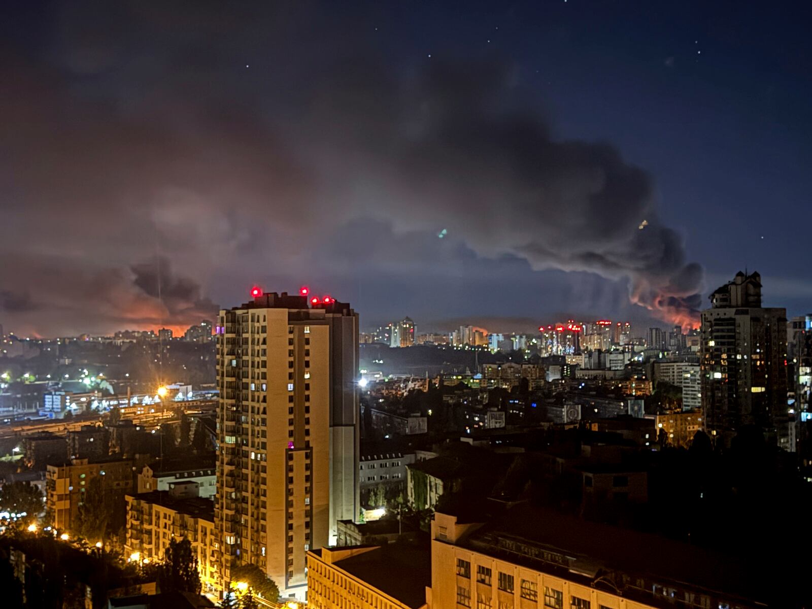 Smoke rises after a Russian strike on Kyiv, Ukraine, on Friday, July 4, 2025. (AP Photo/Yehor Konovalov)