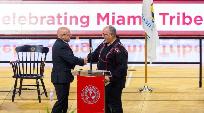 There are actually two Miamis – the university and the Native American tribe it’s named after – and their leaders joined together this week to celebrate their unique relationship of half a century. Miami University President Gregory Crawford (left) and Miami Tribe of Oklahoma Chief Douglas Lankford headlined “The Two Miamis: 50th Anniversary Celebration” at Millett Hall spotlighting historical and current-day ties. (Provided Photo\Journal-News)