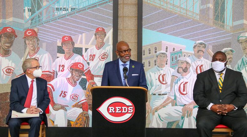 Wilberforce president Dr. Elfred Anthony Pinkard speaks Tuesday in Cincinnati at an event announcing the return of the university's baseball program through a partnership with the Reds. Cincinnati Reds photo