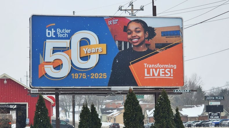 Usually hitting the half-century mark involves some slowing down but as Butler Tech enters its 50th anniversary year of serving area teens and adults, the widely praised career school system continues to expand in historic fashion. Earlier this month Butler Tech launched its celebratory year with dozens of billboards throughout Butler County highlighting its 50th birthday. Pictured is one of the billboards in West Chester Twp. (Photo By Nick Graham/Journal-News)