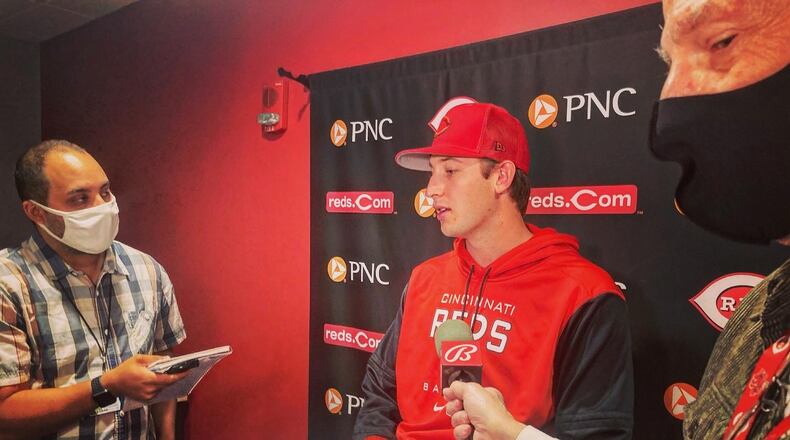 Nick Lodolo talks to reporters on Tuesday April 12, 2022, at Great American Ball Park in Cincinnati. David Jablonski/Staff