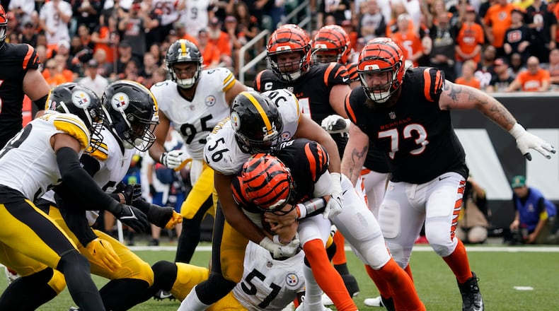 Pittsburgh Steelers linebacker Alex Highsmith (56) sacks Cincinnati Bengals quarterback Joe Burrow, center bottom, during the second half of an NFL football game, Sunday, Sept. 11, 2022, in Cincinnati. (AP Photo/Joshua A. Bickel)