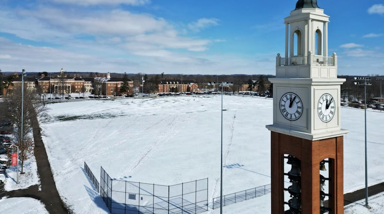 Miami University officials have chosen a proposed campus site for a new sports arena as part of their recommended plan to replace the school’s aging Millet Hall sports venue. Pictured is an aerial photo of the possible site - Miami's Cook Field for intermural sports - for the proposed arena. (Photo By Nick Graham/Journal-News)