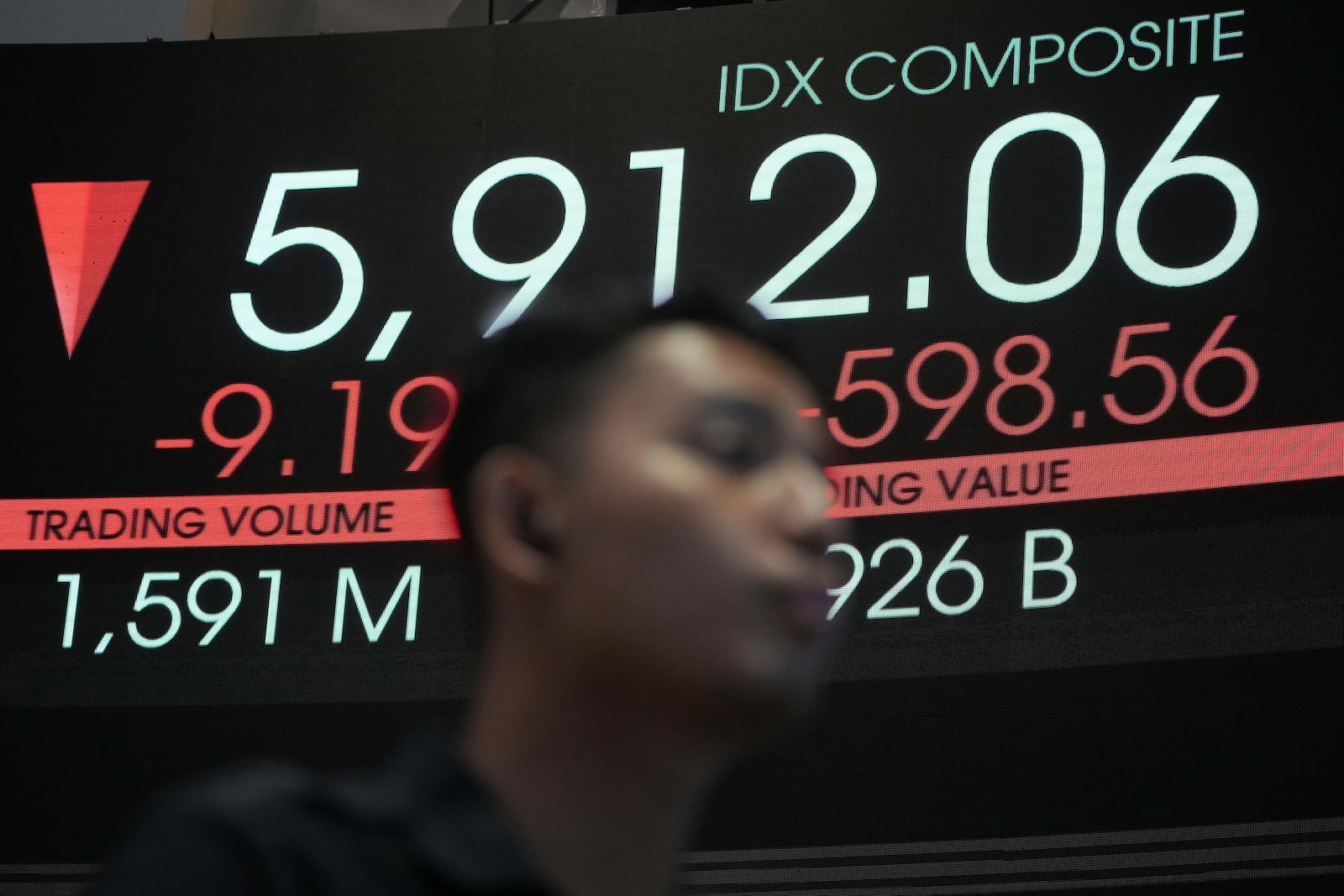 A man stands near an electronic board displaying stock prices at the Indonesia Stock Exchange, in Jakarta, Indonesia, Tuesday, April 8, 2025. (AP Photo/Achmad Ibrahim)
