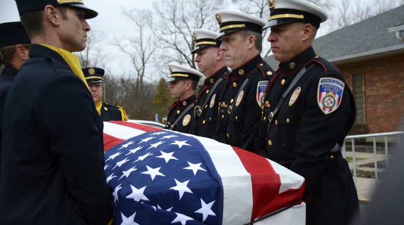 Fairfield City Councilman Ron D’Epifanio’s casket is carried by the Fairfield police and fire departments honor guards during his funeral service on Wednesday, Jan. 29, 2020. He died on Tuesday, Jan. 21, 2020. MICHAEL D. PITMAN/STAFF