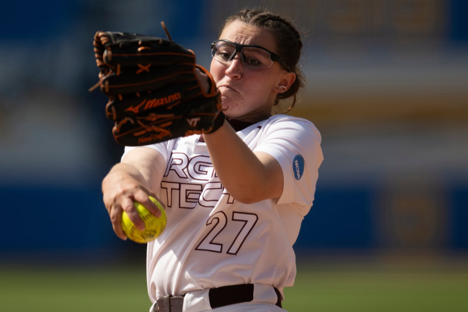 FILE - Virginia Tech starting pitcher Emma Lemley (27) delivers a pitch during an NCAA softball game against San Diego State on Friday, May 17, 2024, in Los Angeles. (AP Photo/Kyusung Gong, File)