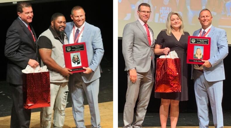 Two members of Fairfield Schools have won the district’s top award for excellence in their jobs. At left, Creekside Middle School Security Team member Raymon Jones receives his award. At the right is Fairfield Freshman School teacher Kelly Dziech (center) being recently presented her award by district leaders. CONTRIBUTED