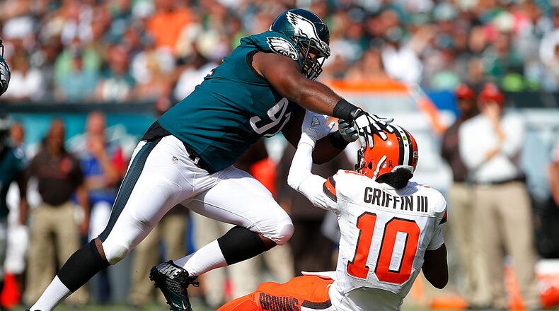 PHILADELPHIA, PA - SEPTEMBER 11: Fletcher Cox #91 of the Philadelphia Eagles sacks quarterback Robert Griffin III #10 of the Cleveland Browns during the third quarter at Lincoln Financial Field on September 11, 2016 in Philadelphia, Pennsylvania. The Eagles defeated the Browns 29-10. (Photo by Rich Schultz/Getty Images)