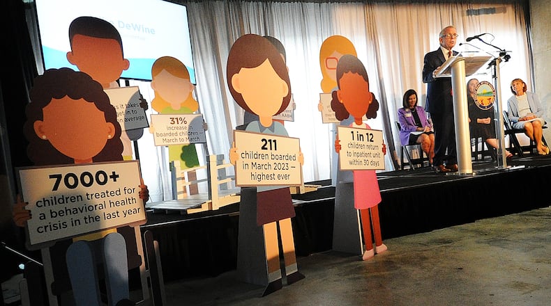 File - Ohio Gov. Mike DeWine speaking at the Dayton Children's Hospital groundbreaking of its new mental and behavioral health building Monday, May 8, 2023. The state of Ohio recently announced it is requesting additional, regional providers to contract with the state to provide mobile response stabilization services for youth under 21 who are experiencing a mental health crisis. DeWine, in his 2024 State of the State address, said those mobile response services should be made available statewide. Currently, those services are available in 47 of Ohio's 88 counties. MARSHALL GORBY\STAFF FILE