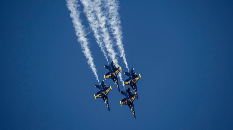 F/A-18 Super Hornets of the U.S. Navy's Blue Angels fly in formation above San Francisco Bay during a practice flight ahead of San Francisco Fleet Week, in San Francisco on Thursday, Oct. 5, 2023. (Stephen Lam/San Francisco Chronicle via AP)