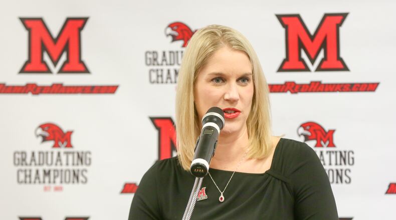 Megan Duffy was introduced as new Miami women’s basketball coach during a ceremony at the Walter L. Gross Jr. Family Student-Athlete Development Center on campus, Tuesday, Apr. 4, 2017. GREG LYNCH / STAFF