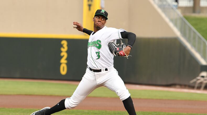 Dayton’s Hunter Greene fires a pitch plateward during Sunday’s 1-0 loss to Bowling Green at Fifth Third Field. Nick Falzerano/CONTRIBUTED