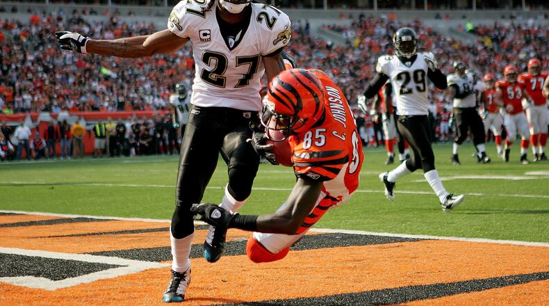 Chad Johnson of the Bengals catches a pass for a touchdown against Rashean Mathis of the Jaguars at Paul Brown Stadium on November 2, 2008.