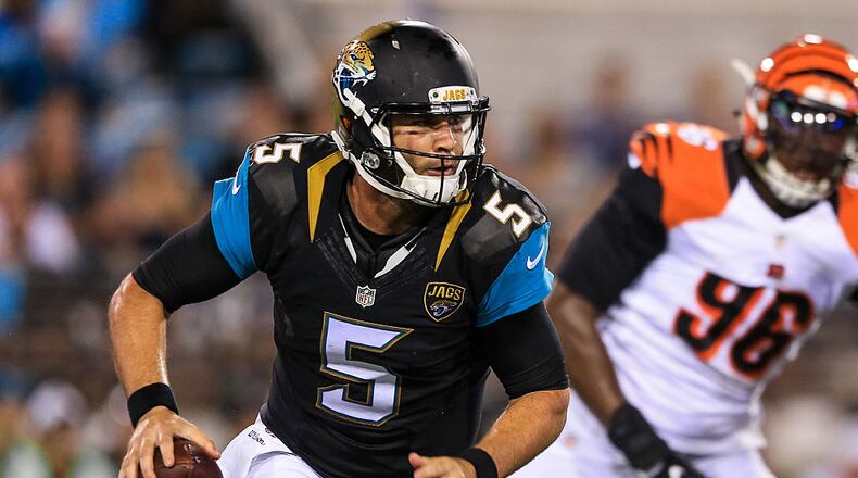 JACKSONVILLE, FL - AUGUST 28: Blake Bortles #5 of the Jacksonville Jaguars scrambles out of the pocket during the first quarter of the preseason game against the Cincinnati Bengals at EverBank Field on August 28, 2016 in Jacksonville, Florida. (Photo by Rob Foldy/Getty Images)