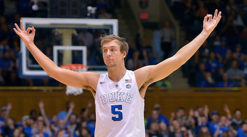 DURHAM, NC - NOVEMBER 26:  Luke Kennard #5 of the Duke Blue Devils reacts after making a three-point basket against the Appalachian State Mountaineers during the game at Cameron Indoor Stadium on November 26, 2016 in Durham, North Carolina.  (Photo by Grant Halverson/Getty Images)