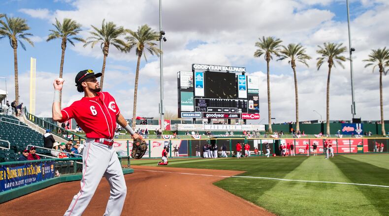 GOODYEAR, AZ - FEBRUARY 23:  Billy Hamilton of the Cincinnati Reds looks on before a game against the Cleveland Indians during a Spring Training Game at Goodyear Ballpark on February 23, 2018 in Goodyear, Arizona. (Photo by Rob Tringali/Getty Images)