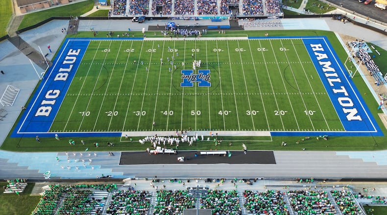 Badin and Hamilton met on the football field for the first time in 23 years at Virgil Schwarm Stadium on Aug. 18, 2023. Nick Graham/STAFF