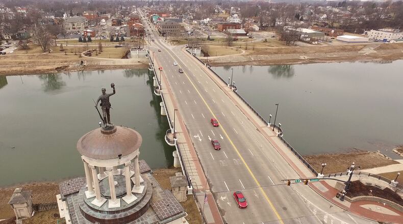 Victory, Jewel of the Soul, (also known as Billy Yank)sculpture by Rudolph Thiem stands atop the Soldiers, Sailors and Pioneers Monument at the High Street Bridge in downtown Hamilton. TY GREENLEES / STAFF