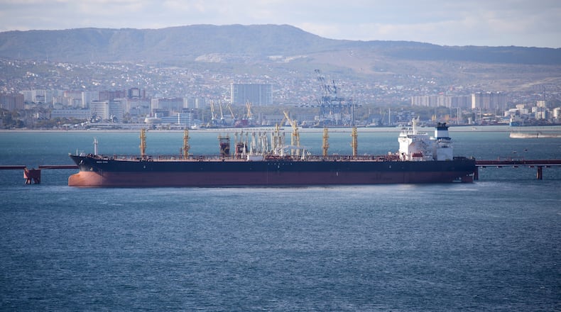 FILE - An oil tanker is moored at the Sheskharis complex, part of Chernomortransneft JSC, a subsidiary of Transneft PJSC, in Novorossiysk, Russia, on Oct. 11, 2022. (AP Photo, File)